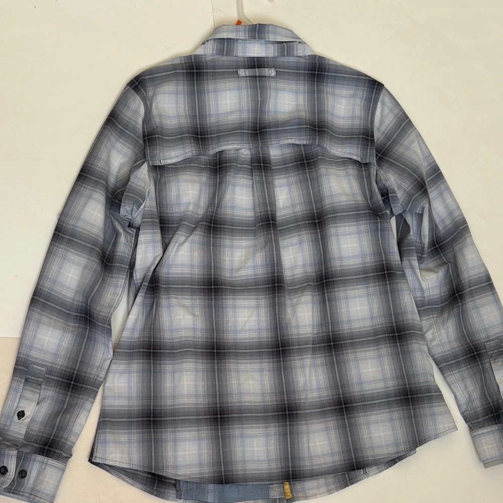 Ladies Duluth Trading Quick Dry Sun Protection Blue/Gray Plaid Shirt Size L - Picture 11 of 11
